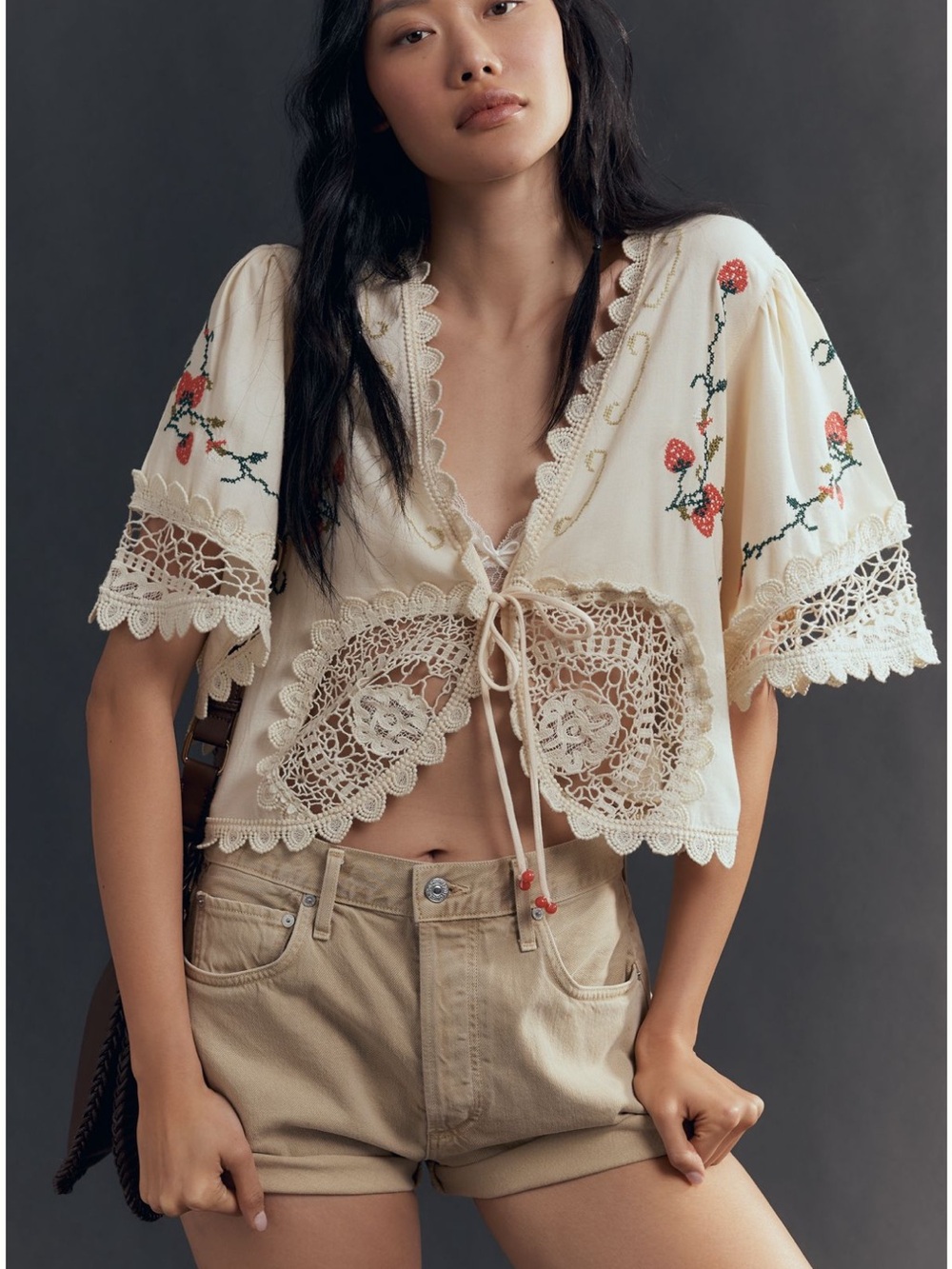 Anthropologie Maeve linen blend embroidered strawberry tie-front top